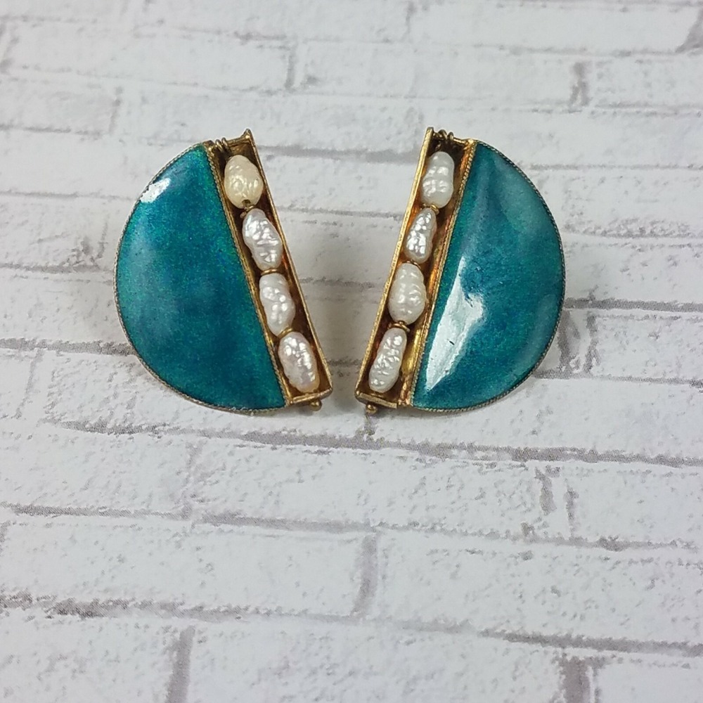 Artisan Teal Enamel Freshwater Pearl 925 Gold Wash Semi Circle Stud Earrings